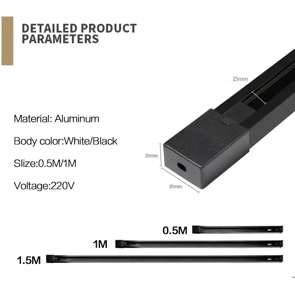 Modern black aluminum track rail spotlight fitting with sleek rectangular design and precise dimensional markings for kitchen