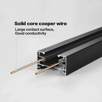 Black aluminum channel housing with two solid core copper wires for modern black and white track rail spotlight fitting