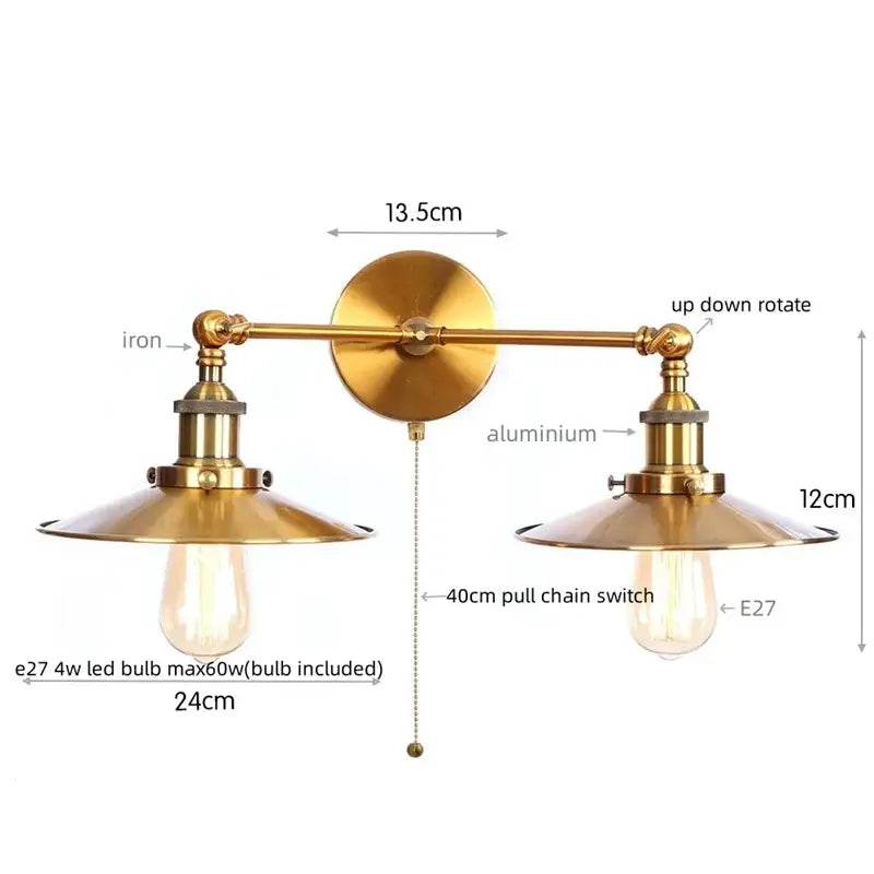 Brass-finished vintage-style wall lamp with two adjustable arms and matching lampshades ideal for living room lighting
