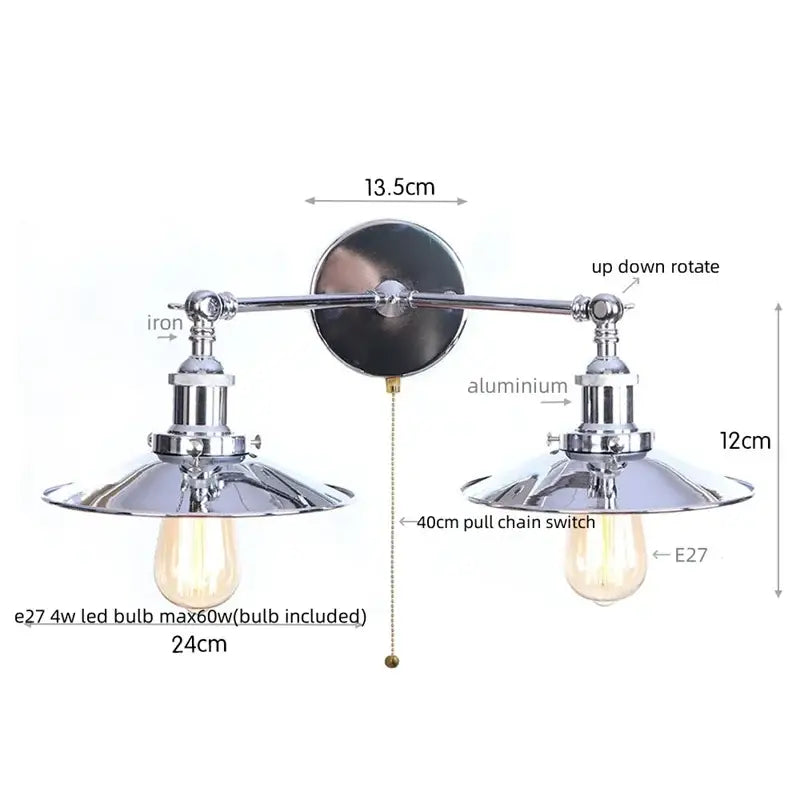Chrome finished industrial vintage black 2-head led wall lamp with adjustable arms and edison bulbs for living room