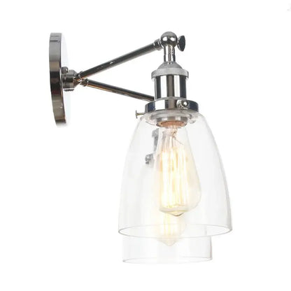 Modern chrome double glass led wall lamps featuring a clear glass shade and exposed edison bulb for bedroom use