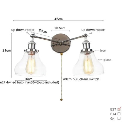 Modern chrome double glass led wall lamps with iron finish and vintage edison bulbs for bedroom lighting fixtures