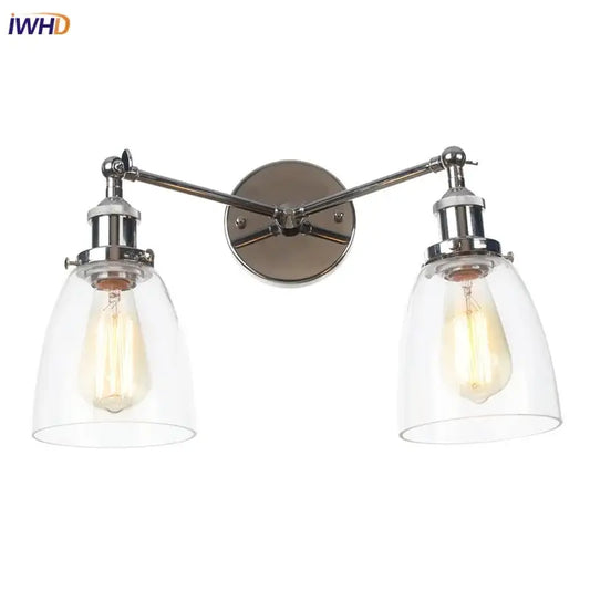 Modern chrome double arm wall lamps with clear glass shades and exposed filament led wall lamps for bedroom use
