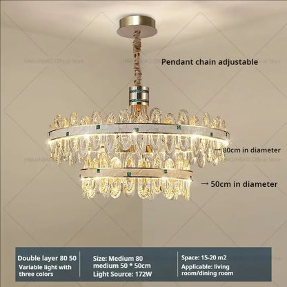 Luxury clear and green villa crystal chandelier with two-tiered faceted crystals and brushed gold finish for living room