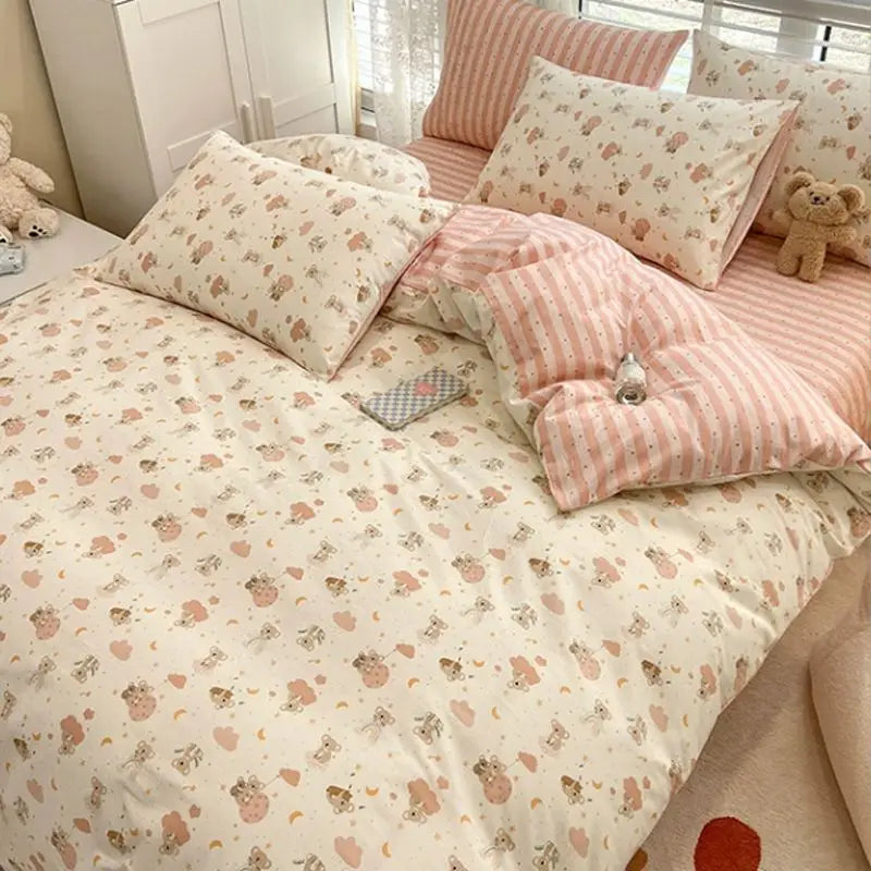 DecorBites™ 2024 summer bedding set twin queen pastel pink and cream bear themed soft cozy fabric summer bedding