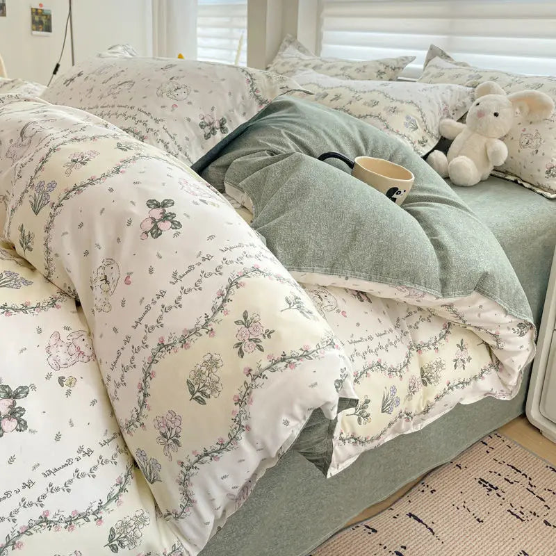 Cream-colored decorbites™ 2024 summer bedding set with delicate gray pink and green floral prints for twin and queen sizes