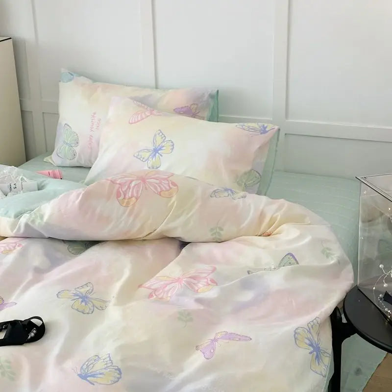 Decorbites 2024 summer bedding set twin queen sizes with pastel butterfly pattern and soft satin fabric summer bedding set
