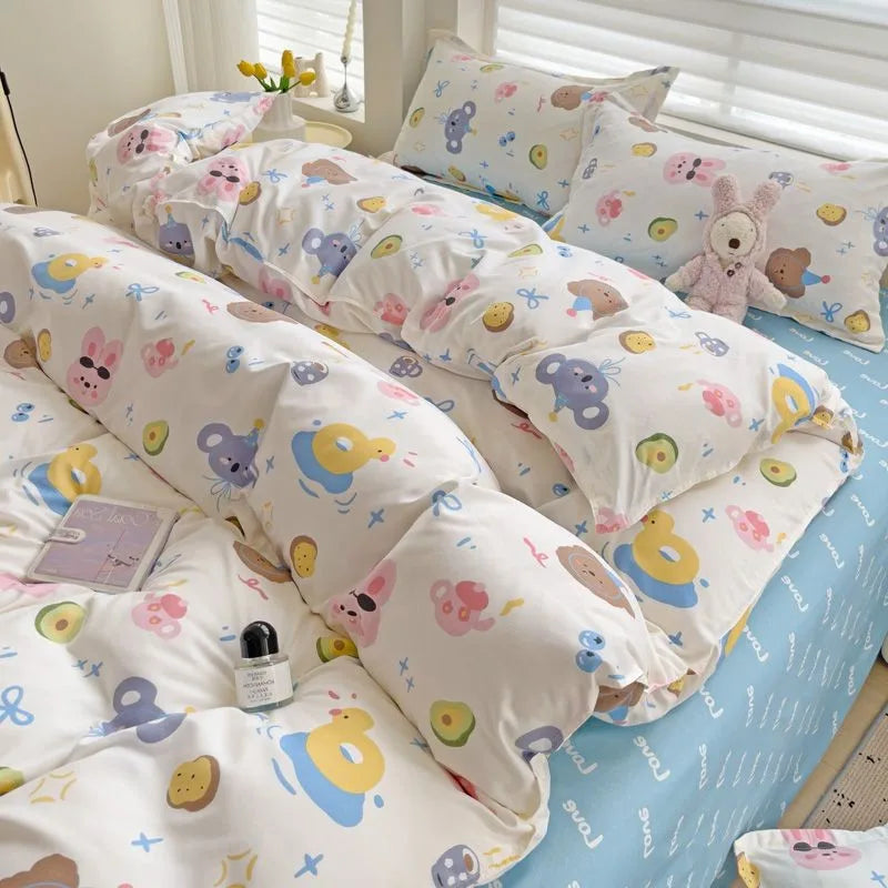 Decorbites 2024 summer bedding set twin queen featuring pastel cartoon animals and avocado prints on soft white fabric