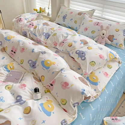 Decorbites 2024 summer bedding set twin queen featuring pastel cartoon animals and avocado prints on soft white fabric