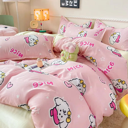 DecorBites™ 2024 summer bedding set featuring pink satin fabric with a fluffy white puppy design for twin and queen sizes