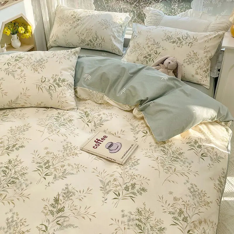 Decorbites™ 2024 summer bedding set cream color with delicate green botanical prints and lace trim for twin and queen sizes