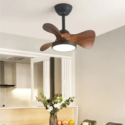 Black led ceiling fan with four wooden blades and integrated circular fan light for modern bedroom use