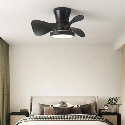 Black modern led ceiling fan with integrated fan light and wooden blades designed for bedroom use