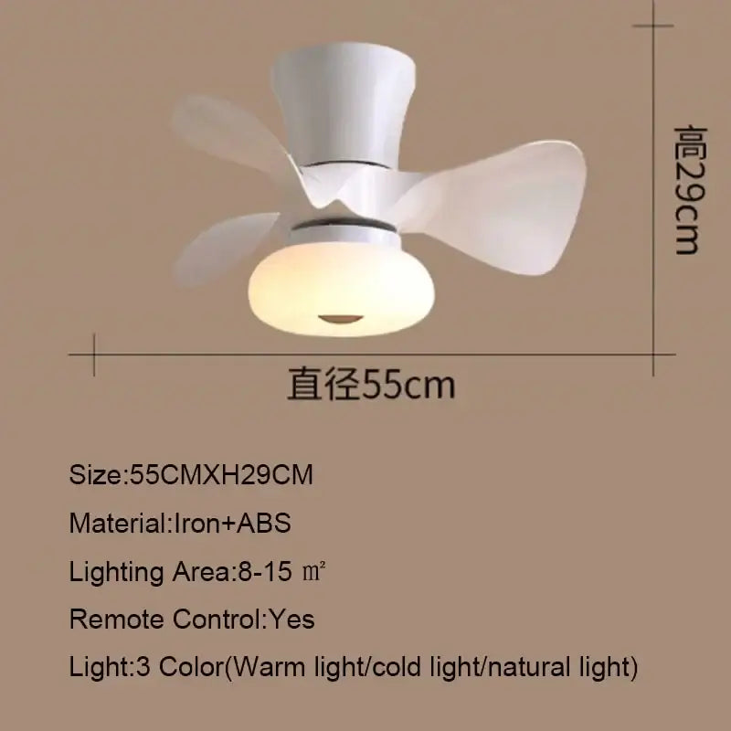 White ceiling-mounted smart ceiling fan with integrated light made of iron and abs for kids bedroom use