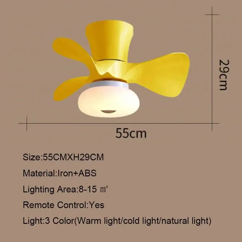 Bright yellow iron and abs smart ceiling fan with three curved blades and frosted light for kids bedroom