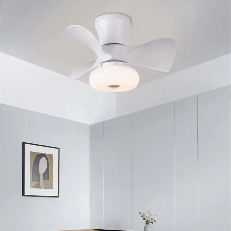 Modern pink and wood smart ceiling fan with white three-blade design and frosted glass light for kids bedroom