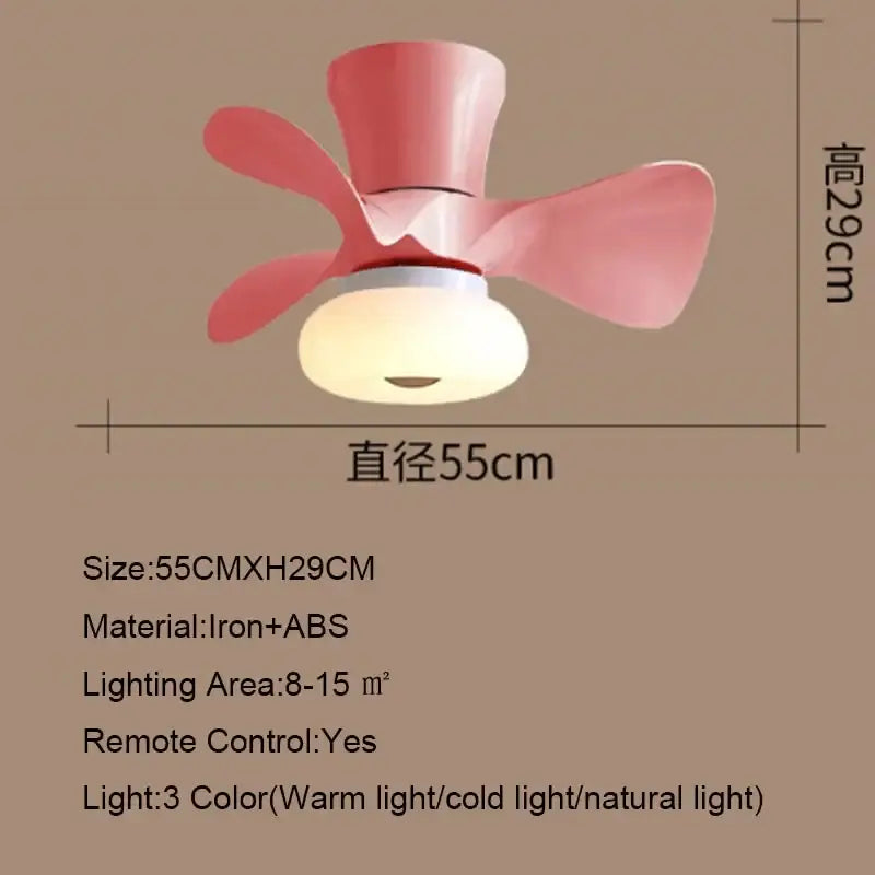 Modern pink smart ceiling fan with three iron and abs plastic blades and round light fixture for kids bedroom
