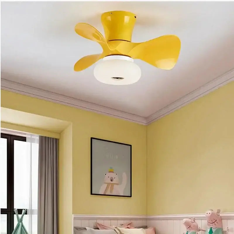 Modern pink and wood smart ceiling fan with bright yellow blades and white light fixture for kids bedroom use