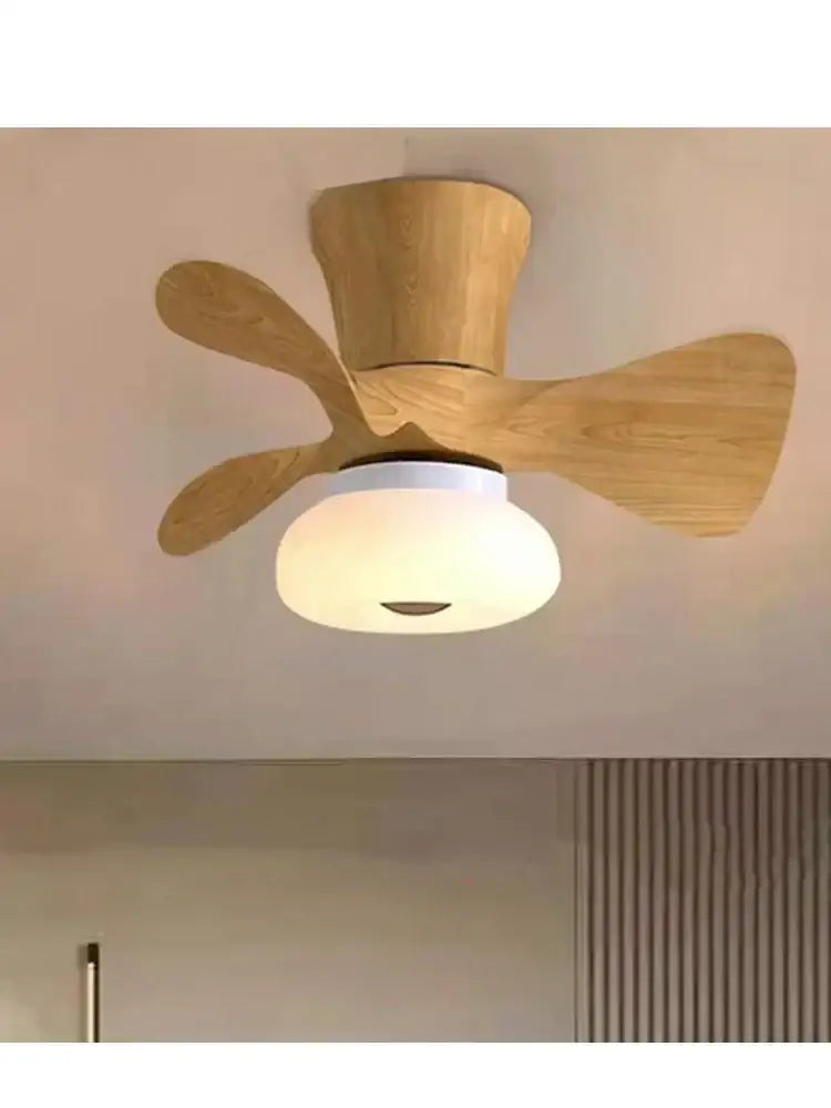 Light wood finish smart ceiling fan with integrated frosted glass light for modern kids bedroom ceiling fans