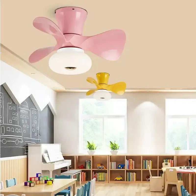 Modern pink and wood smart ceiling fan with curved blades and white light fixture for kids bedroom ceiling fans