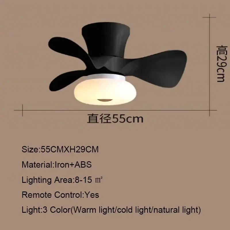 Black iron and abs plastic smart ceiling fan with three blades and frosted light for kids bedroom