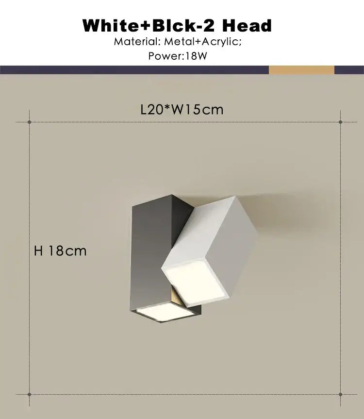 Modern white square dimmable ceiling spot light with black and white geometric metal and acrylic wall sconce design
