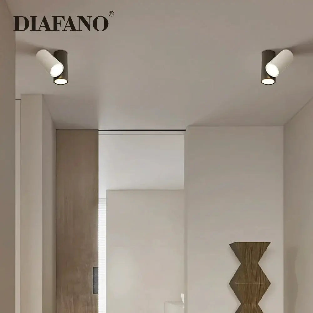Two sleek cylindrical diafano recessed ceiling spotlights with matte white and dark gray finishes for living room use