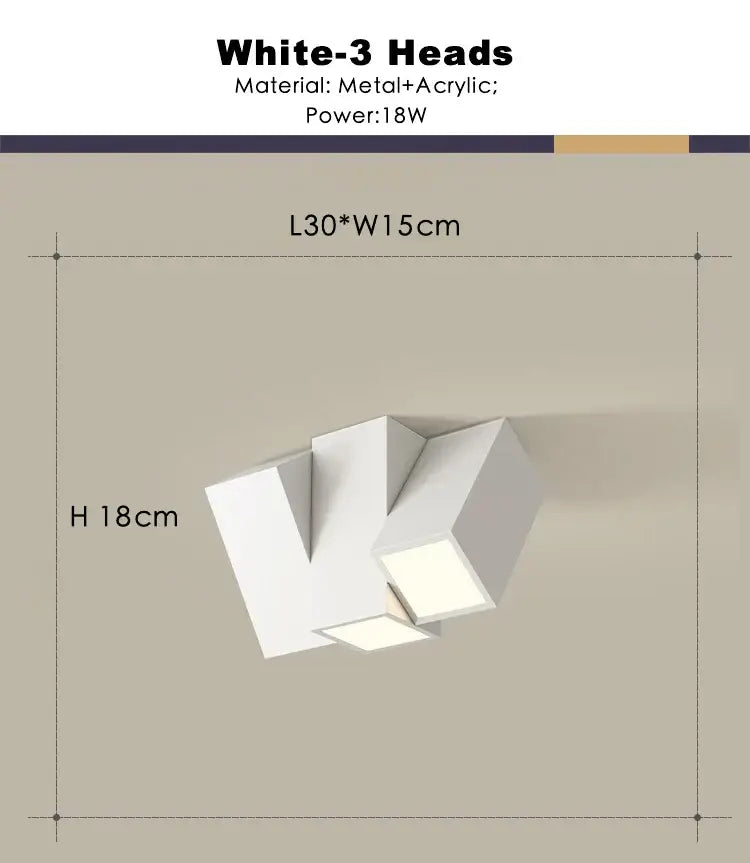 Modern white square dimmable ceiling spot light with geometric metal and acrylic design for living room use