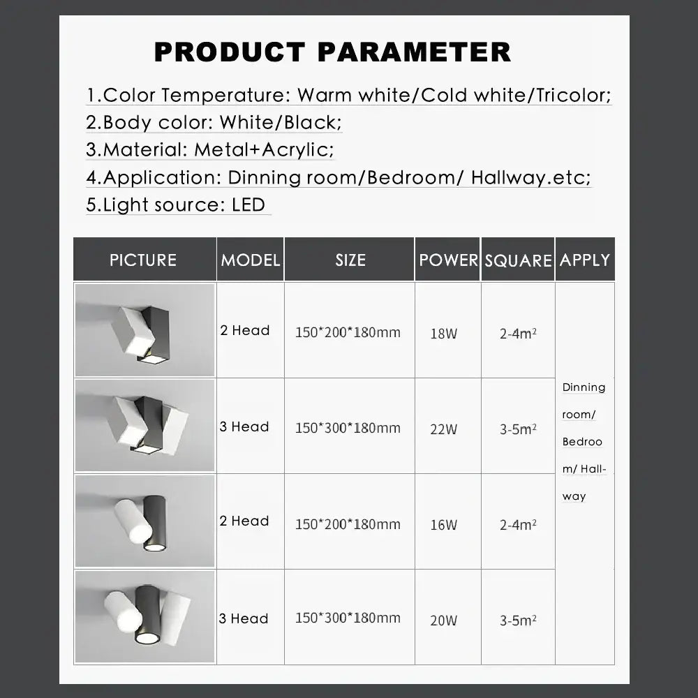 Modern white square dimmable ceiling spot light in metal and acrylic with 2 or 3 heads for living rooms and hallways