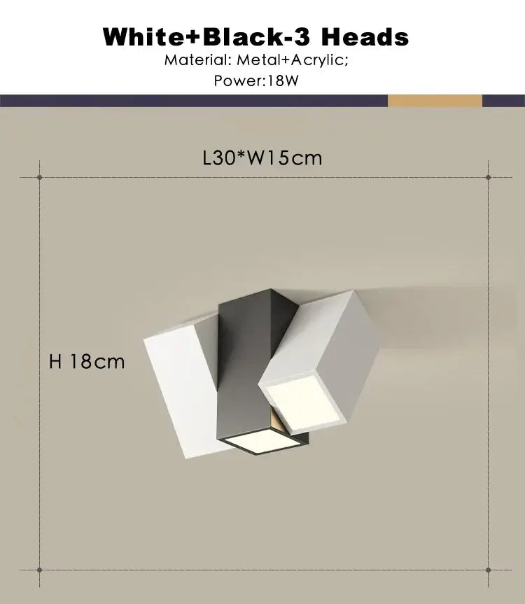 Modern white square dimmable ceiling spot light with three black and white metal and acrylic angular heads for living room