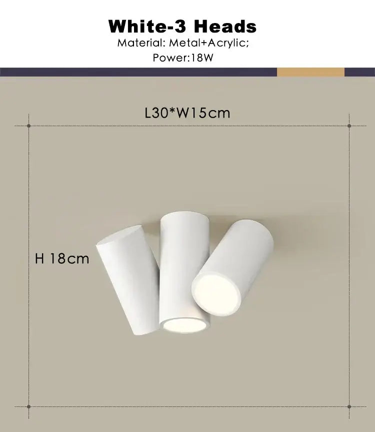 Modern white square dimmable ceiling spot light with three cylindrical heads made of metal and acrylic for living room