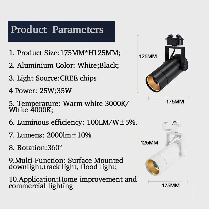Modern white and black aluminum 25w dimmable led spotlight with cree chips and 360-degree rotation for versatile lighting