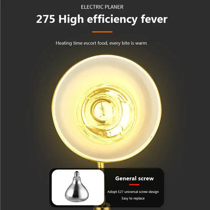 Gold-toned 275w electric food heat lamp with ceramic bowl and e27 universal screw base for kitchen use