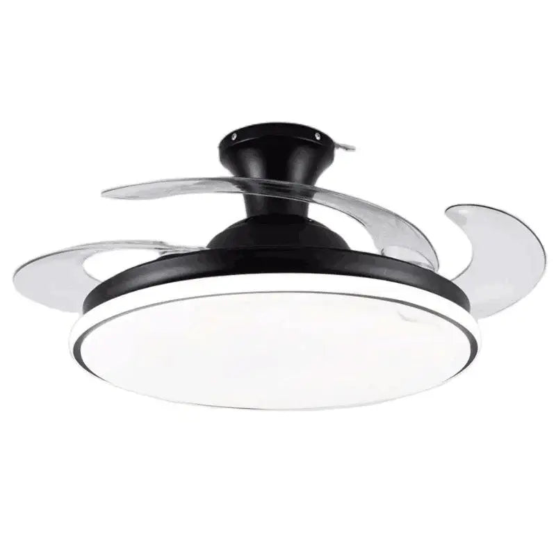 Modern black and clear ceiling fan with integrated led light featuring transparent blades for bedroom use ceiling fans