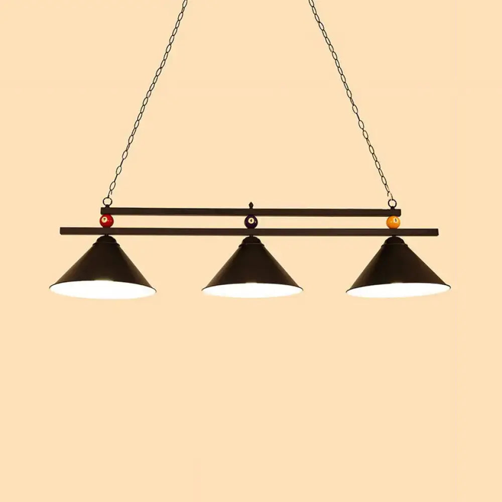 Black metal DecorBites™ conical metallic billiard light with three shades and chain suspension for indoor use