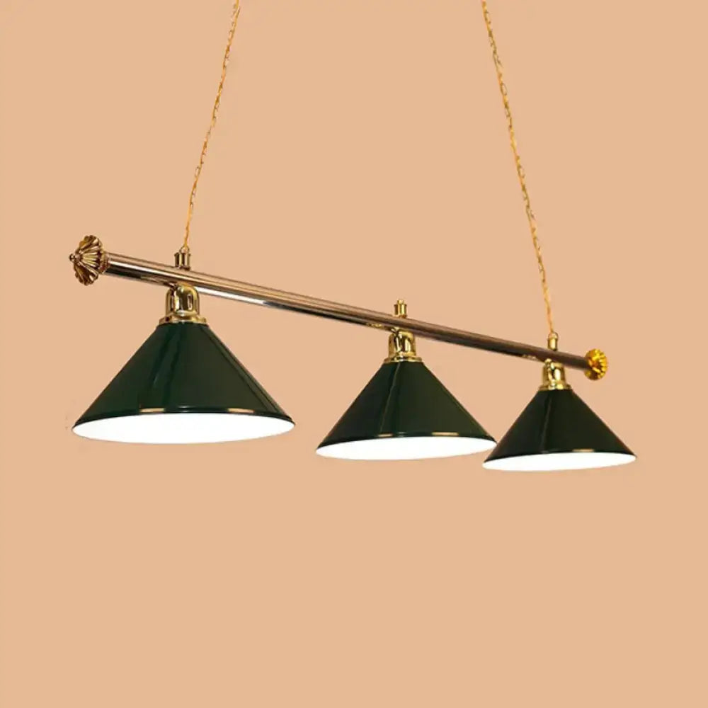 Green enamel pendant lights with brass accents and gold chains on decorbites™ conical metallic billiard lighting fixture
