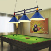 Blue conical metallic billiard lighting fixture with three heads and metallic frames hanging above a pool table