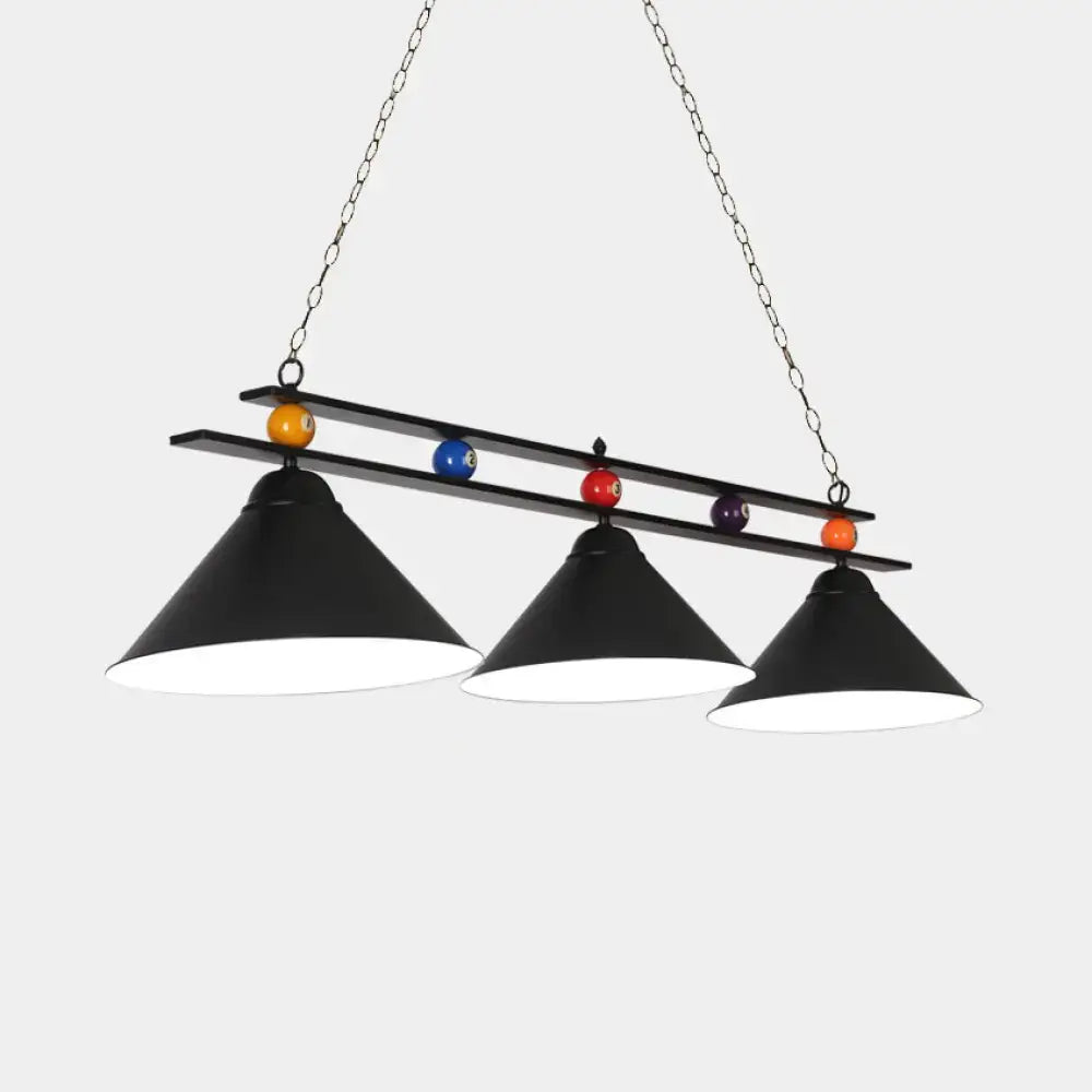 Black metal DecorBites 3-head conical metallic billiard lighting fixture with red and blue shades over billiard balls