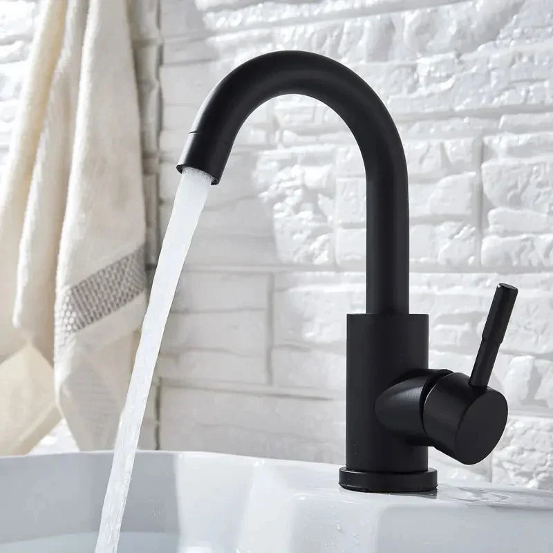 Black matte stainless steel rotating sink faucet by DecorBites with curved spout and single lever handle
