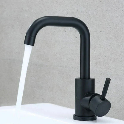 DecorBites™ black matte stainless steel rotating bathroom sink faucet with curved spout and single lever handle
