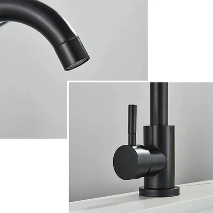 Decorbites™ black matte stainless steel rotating sink faucet with modern minimalist design for bathroom use
