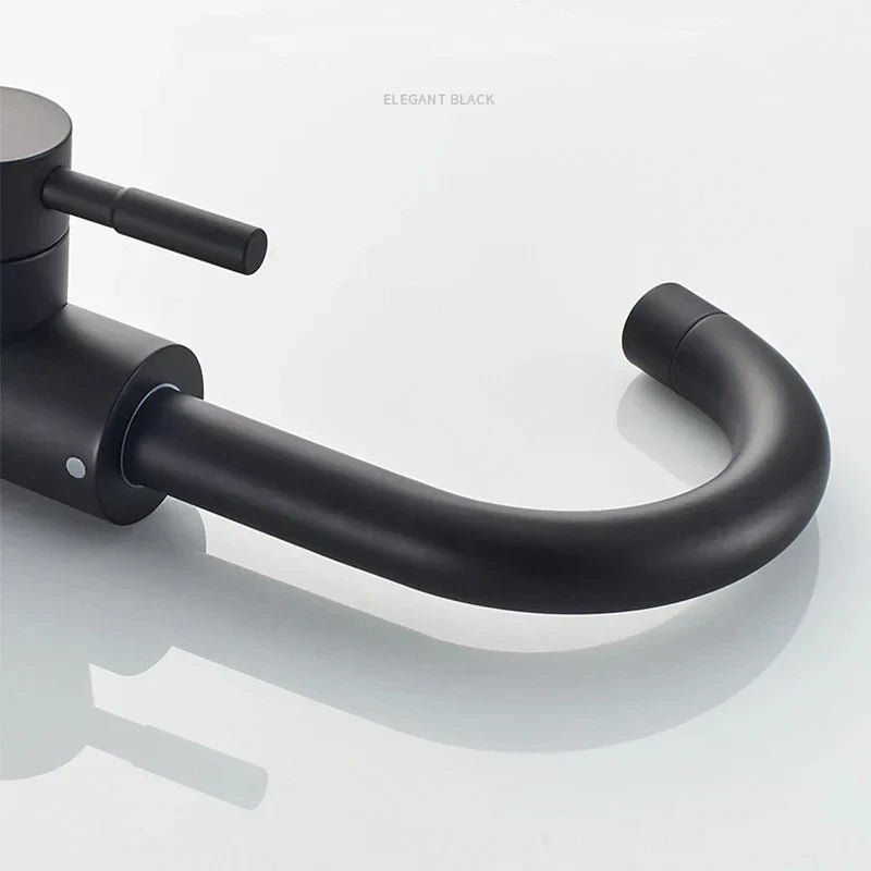 Elegant black matte stainless steel rotating bathroom sink faucet by DecorBites with sleek curved spout and minimalist handle