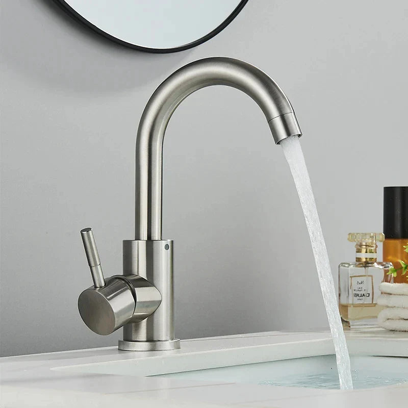 Modern brushed stainless steel rotating bathroom sink faucet by decorbites with single-handle and curved spout