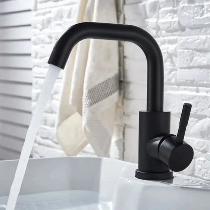 Decorbites™ 304 stainless steel rotating bathroom sink faucet in black matte finish with curved spout and single lever handle