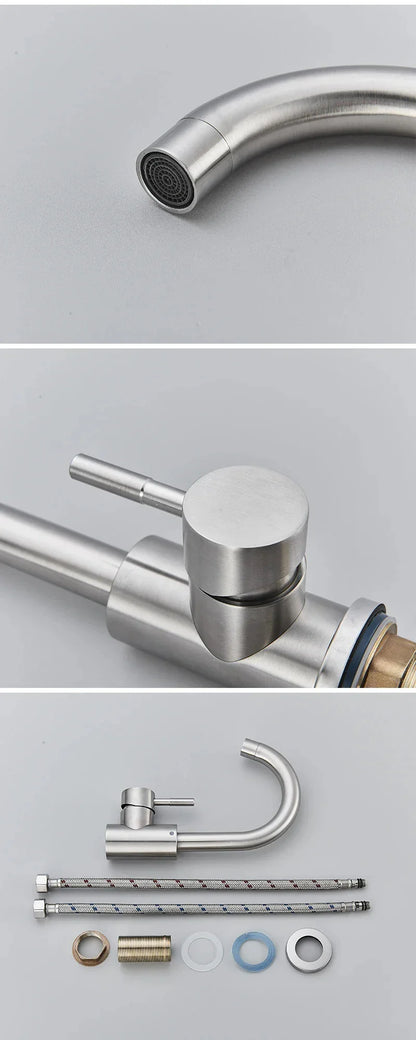 DecorBites™ 304 stainless steel rotating sink faucet with sleek curved spout and modern design for bathroom use