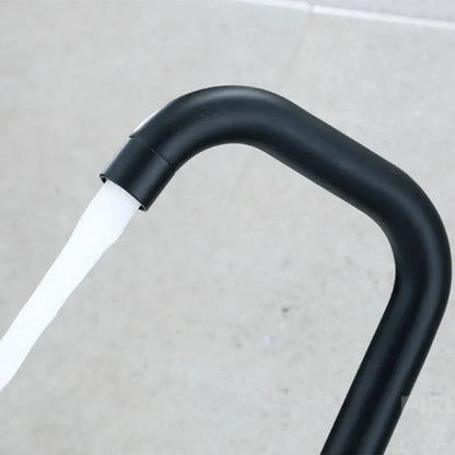 Decorbites™ black matte stainless steel rotating sink faucet with curved spout and flowing white water