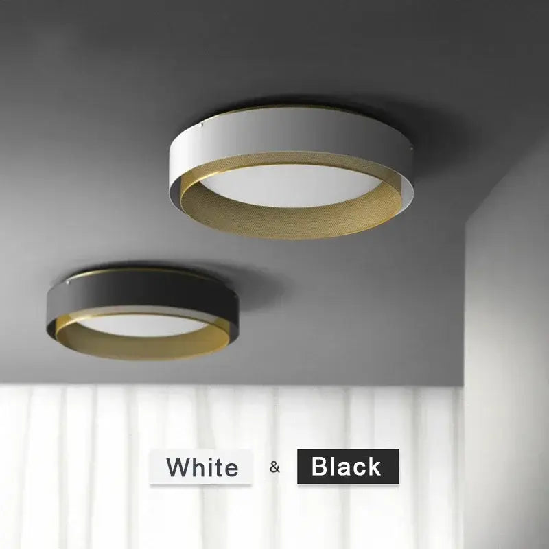 Modern black and gold led ceiling lamp with sleek circular design featuring white or black outer ring and gold inner rim