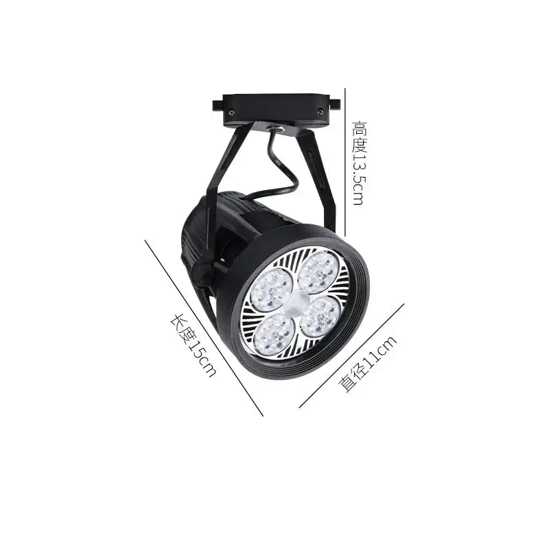 Modern black and white 35w led ceiling spot light with four circular bulbs and adjustable matte finish arm for directional lighting