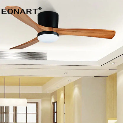Eonart modern white ceiling fan with three wooden blades and black central housing with integrated light for living room