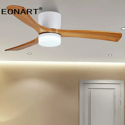 Eonart white ceiling fan with three light wooden blades and a white cylindrical housing for modern living rooms